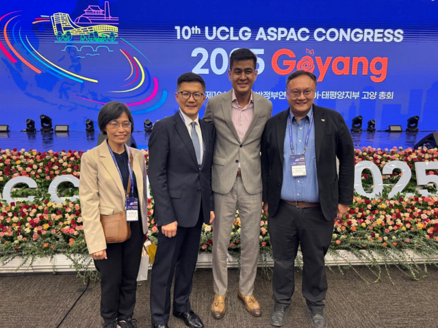 圖一：祝惠美處長（左起）、張其強副秘書長與UCLG ASPAC主席Dakila Carlo Cua、台中市副市長鄭照新合影。||